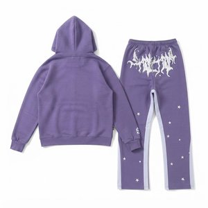 Conjuntos de chándal con capucha morados personalizados para hombre con logo blanco y estampado de estrellas, mangas largas, ropa de calle para adultos, ropa de otoño de algodón. - Product Image 2