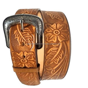 Ceinture en cuir véritable de haute qualité avec gravures florales, pour hommes et femmes, style western, pour jeans ou pantalon - Product Image 1