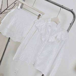 Elegant White Ruffle <b>Collar</b> <b>Lace</b> Top and A-Line Skirt Set for Women - Product Image 3