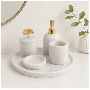 Natural White Marble Bathroom Accessory Set Modern Handcrafted Stone Organizer with Soap Dispenser <b>Toothbrush</b> <b>Holder</b> Best Price - Product Image 4