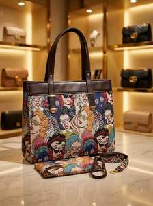 Conjunto de bolsos de mano con estampado artístico vintage — Bolso de lona estilo boutique con pulsera de cremallera a juego - Product Image 3