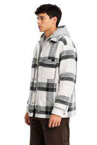 Men's Oversized Plaid Hooded Shacket <b>Jacket</b> White Grey Checkered Hooded Shirt <b>Jacket</b> Casual <b>Flannel</b> Overshirt Button Front Layer - Product Image 2