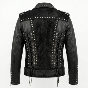 Wholesale Mens Genuine Leather <b>Jacket</b> Custom Cow Hair On Hide Panels Studded Biker Coat Symmetrical Lace Up <b>Punk</b> Outwear - Product Image 2
