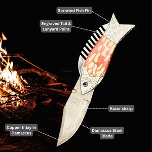 Handmade <b>Copper</b> Damascus Steel Hunting/Fishing/Camping Multi-Functional Folding Pocket Knife Steel Engraved Orange Yellow Resin - Product Image 4