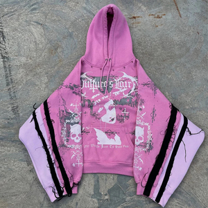 Sudadera con Capucha Rosa Gótica con Mangas de Murciélago y Estampado de Calavera, Sudadera Unisex de Punto Oversize con Diseño de Logotipo Frontal, Estilo Otoñal - Product Image 1