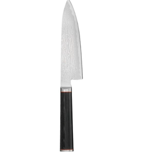 Ensemble de couteaux de cuisine dans un bloc en bois brun clair avec manches noirs, lames à motifs argentés, ciseaux et aiguiseur pour la préparation des aliments - Product Image 2