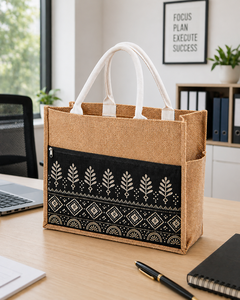 Sac fourre-tout en jute écologique surdimensionné avec poche avant zippée, panneau imprimé noir, grande capacité - Product Image 1