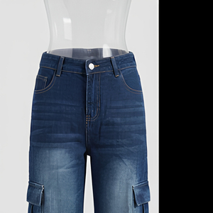 Women's <b>High</b> <b>Waist</b> Stonewashed Denim <b>Cargo</b> Pants Loose Fit Knee Length Casual Style Solid Color Cotton Fabric - Product Image 2