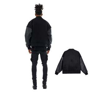 Blouson bomber noir pour homme, manches en cuir, fermeture éclair, style streetwear, vêtement d'automne, coupe classique, couleur unie, col rabattu - Product Image 4