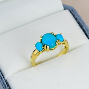 Natural <b>Turquoise</b> Three Stone <b>Ring</b> Solid 925 Sterling Silver Prong Setting Oval Cut Gemstone Yellow Gold Plated Classic <b>Ring</b> - Product Image 3
