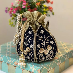 Exclusive <b>Navy</b> Blue Lotus Potli <b>Bag</b> Golden Zardosi Sequin Work Women <b>Wedding</b> Drawstring Purse Evening Handbag Best Supplier - Product Image 1