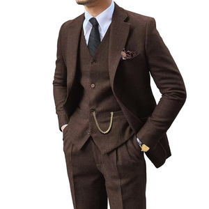 Costume trois pièces en coton marron pour homme, style britannique, formel, croisé, col à revers, plissé, infroissable, haute qualité - Product Image 6