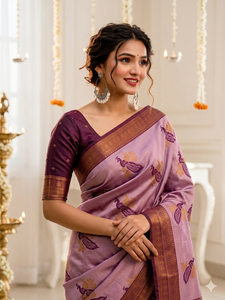 Sari de Seda Morado AARA Fashion con Motivo de Pavo Real y Borde Dorado, Traje Tradicional de Boda, Largo hasta el Suelo, para Mujeres de India y Pakistán - Product Image 6