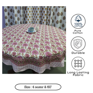 Mauve & White Wholesale Premium Reusable Jaipur Block Printed Vintage Floral <b>Round</b> 4 Seater 60" <b>Table</b> <b>Cloth</b> Eco - Friendly - Product Image 3