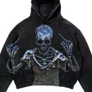 Sudadera con capucha para hombre Chrome Skeleton Middle Finger 2026, negra lavada, oversize, con gráfico metálico, azul neón, estilo streetwear artístico - Product Image 1