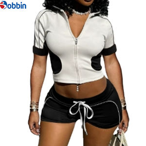 Ensemble 2 pièces tendance pour femme : veste courte sport décontractée et short, style patchwork, fermeture éclair, collection automne - Product Image 3