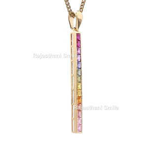 Zafiro arcoíris natural 14K oro amarillo sólido princesa corte piedras preciosas canal conjunto barra colgante tamaño 3 mm cadena compromiso Mujer - Product Image 2