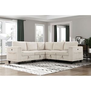 Moderno tessuto di velluto a coste Beige divano componibile componibile 5 pezzi in legno massello soggiorno divano portabagagli tasche laterali di ricarica - Product Image 1