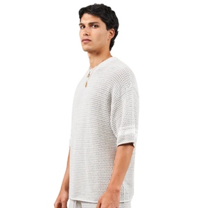 Camiseta de punto de ganchillo con rayas en contraste, gris, manga corta, tejido texturizado, informal de verano, transpirable, cuello redondo - Product Image 4