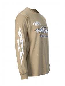Custom Khaki Tan Long Sleeve T <b>Shirt</b> Vintage <b>Flame</b> Sleeve Graphic Printed Heavyweight Cotton Oversized Streetwear Men Loose - Product Image 5