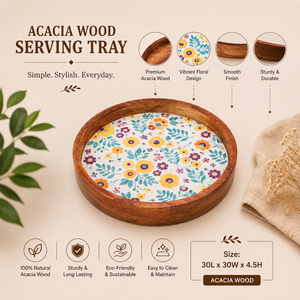 Custom Modern Premium Acacia Wood Serving Tray with Floral Design | Handmade Eco Friendly Decorative <b>Food</b> <b>Server</b> Home Hotel Use - Product Image 3