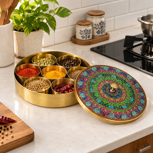 Boîte à épices ronde en laiton artisanale avec couvercle imprimé mosaïque mandala coloré, ensemble de contenants de rangement de cuisine Masala Dabba, articles en gros - Product Image 3