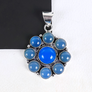 New Arrival Natural <b>Blue</b> Chalcedony Flower Pendant 925 Sterling Silver Multi-Stone Cluster Jewelry Fashion Statement <b>Necklace</b> - Product Image 2