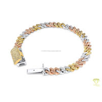 Pulsera de Lujo con Eslabones Cubanos Tricolor, Moissanita, Acabado en Oro Blanco, Amarillo y Rosa, y Piedras VVS Totalmente Cubiertas