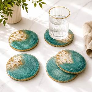 Emerald Handmade Ocean Wave <b>Epoxy</b> Resin Coaster Set Round Wood Coasters With <b>Epoxy</b> Inlay Modern Non Slip <b>Table</b> Mats Coasters - Product Image 4