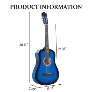 Guitarra acústica azul de 38 pulgadas con púas, cuerdas, capo, estuche, afinador y correa - Product Image 4