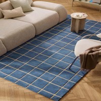 Mavi Geometrik Izgara Desenli Halı Yumuşak Peluş El Tuftlu Yünlü Halı Oturma Odası Yatak Odası Minimalist Ev Dekoru Lüks Stil
