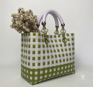 Custom Handmade Woven Plastic Tote Bag Eco Friendly Reusable Market Shopping Beach <b>Handbag</b> Green Pearl Beaded Handle Lock - Product Image 3