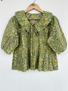เสื้อผู้หญิงลายดอกไม้สีเขียว ผ้าฝ้าย คอปกปีเตอร์แพน ผูกโบว์ แขนสั้น เสื้อฤดูร้อน เสื้อสำหรับงานปาร์ตี้ในสวน เสื้อลำลองฤดูใบไม้ผลิ - Product Image 5
