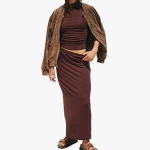 Women 2 Piece Set Sleeveless Halter Top Full Length <b>Skirt</b> Solid Color Spandex Polyester Summer Normcore Minimalist Maxi <b>Skirts</b> - Product Image 3