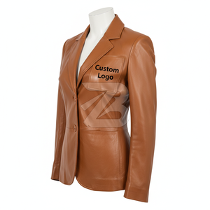 OEM ODM Women's Genuine <b>Leather</b> <b>Blazer</b> <b>Jacket</b> Tailored Single Breasted Coat Camel Tan Custom Logo - Product Image 3