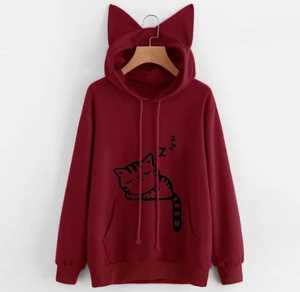 Sweat à capuche oreilles de chat avec imprimé chat endormi pour femme, vêtement décontracté d'automne en coton tricoté, coupe oversize avec poche avant - Product Image 3