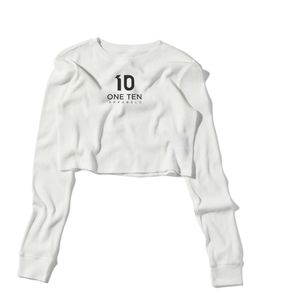 ONE TEN APPARELS Men's White Long Sleeve Crop <b>Top</b> Knitted Cotton O-Neck Casual Sweatshirt with Front Logo Print - Product Image 1