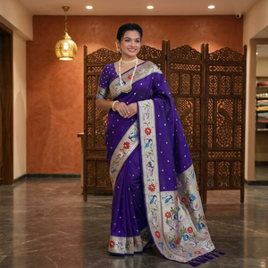 <b>Purple</b> Silk <b>Saree</b> With Floral And Peacock Embroidery Women Traditional Wedding Wear Indian Pakistani Style - Product Image 1