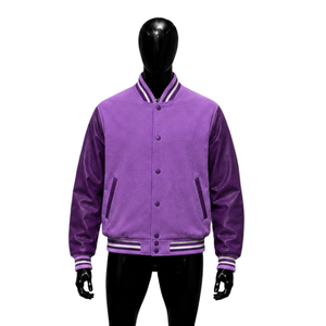 Veste universitaire classique violette pour homme, col rayé, manches en cuir, couleur unie, décontractée, col rabattu, boutonnée sur le devant - Product Image 1