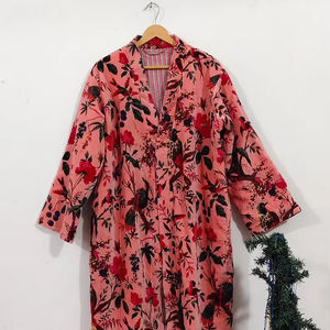 Robe kimono longue à manches longues en coton tissé à imprimé floral fait main, col en V, séchage rapide, pour demoiselle d'honneur, été - Product Image 1