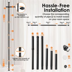 ราวแขวนผ้าม่านรูปตัว L สีดำ ขนาด 28 นิ้ว ยาว 142 นิ้ว กว้าง 4 นิ้ว สูง 10 ฟุต แบบปรับได้ แข็งแรง ทนทาน ไม่ต้องเจาะ สำหรับกั้นห้องและฉากกั้น - Product Image 3