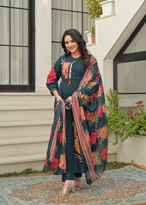 Elegant Turquoise 60x60 Cotton A Line <b>Suit</b> Set with <b>Floral</b> Handwork Kurta Coordinated <b>Trousers</b> and Printed Dupatta for Women - Product Image 2