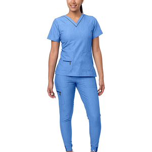 Conjuntos de uniformes médicos elásticos tipo jogger de mezclilla ecológicos personalizados con logo para enfermeras y doctores, al por mayor - Product Image 1