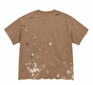 T-shirt en coton marron oversize avec éclaboussures de peinture et détails usés, style streetwear homme, manches courtes, col rond, coupe jersey - Product Image 6