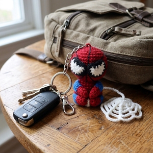 Llavero de ganchillo hecho a mano de superhéroe, dije de bolso Amigurumi de héroe araña con telaraña, colgante de llavero artesanal de arte puro - Product Image 5
