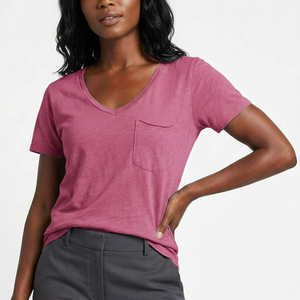 Women's V-Neck Pocket Tee Short Sleeve <b>Light</b> Cotton Soft Fabric Chest Patch Pocket Custom OEM Wholesale Supplier - Product Image 1