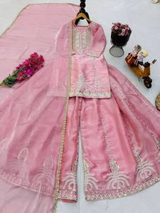 Ensemble Salwar Kameez en soie rose avec broderie et dupatta pour mariage, tenue traditionnelle pour femme, longueur au sol, coupe classique - Product Image 2