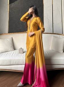 Ensemble Salwar Kameez en Soie Jaune Ombré Rose pour Femme, Tenue Traditionnelle Indienne et Pakistanaise, Idéal pour Mariages et Fêtes, Longueur Ras du Sol, Coupe Classique - Product Image 1