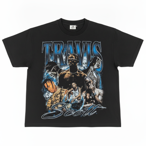 Camiseta Negra Extra Grande para Hombre Travis Scott, Manga Corta, Cuello Redondo, Estilo Urbano, Estampado Fotográfico, Tela Jersey - Product Image 1