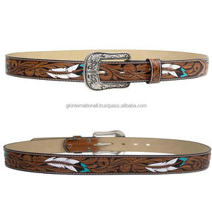 Customized hand carved <b>feather</b> design embossed men's fashion western leather tooling belt with interchangeable western buckle - Product Image 6